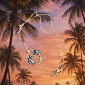 Silver and Blue Glitter Palm Tree Pendant Necklace